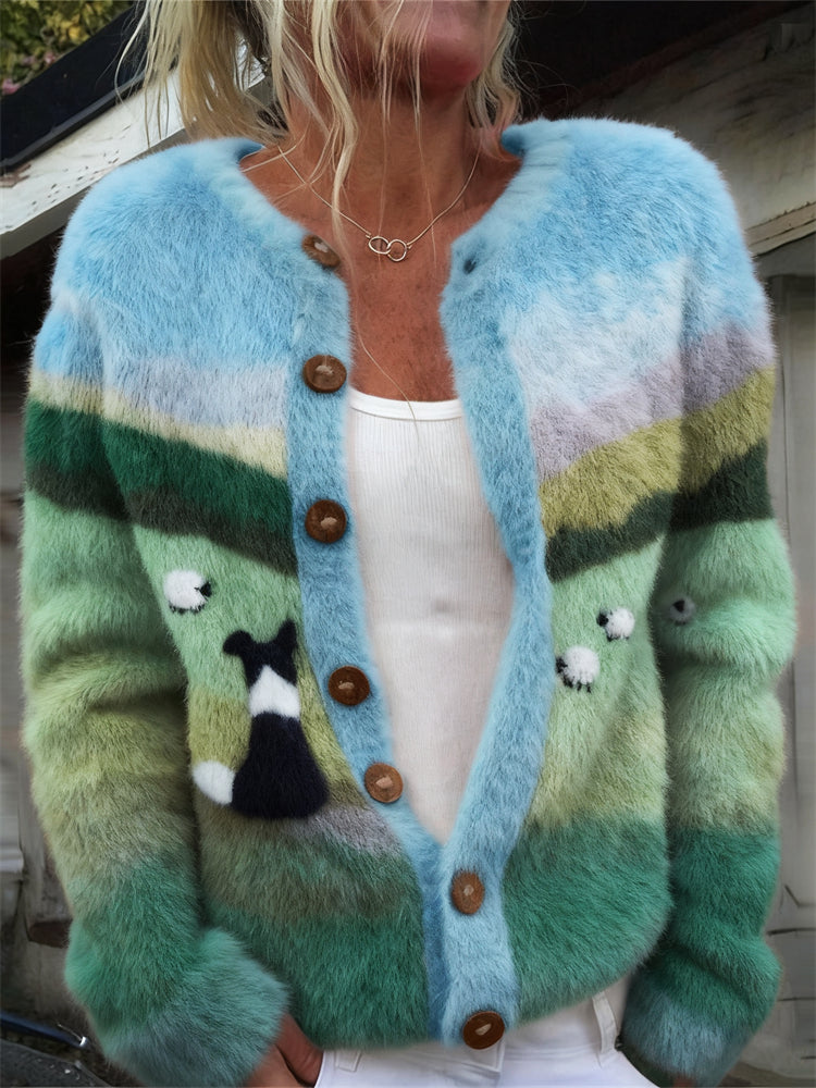 Comstylish Vintage Border Collie & Sheep Landscape Fuzzy Cozy Cardigan