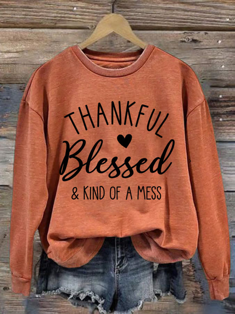 Women's Thankful Blessed & Kind Of A Mess Print Casual Sweatshirt artswardrobe