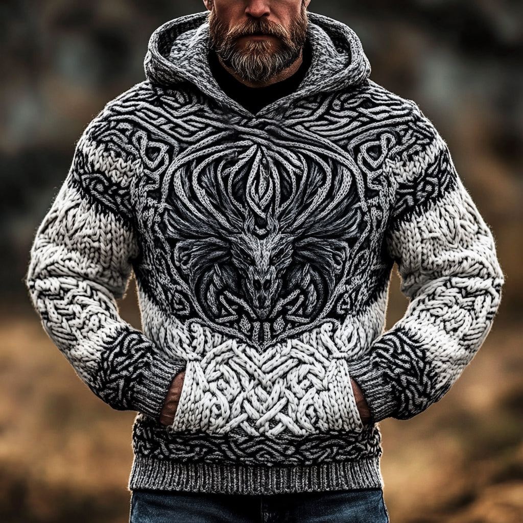 Men's Viking Tribal Dragon Jacquard Celtic Inspired Knit Hooded Sweater elevenforest
