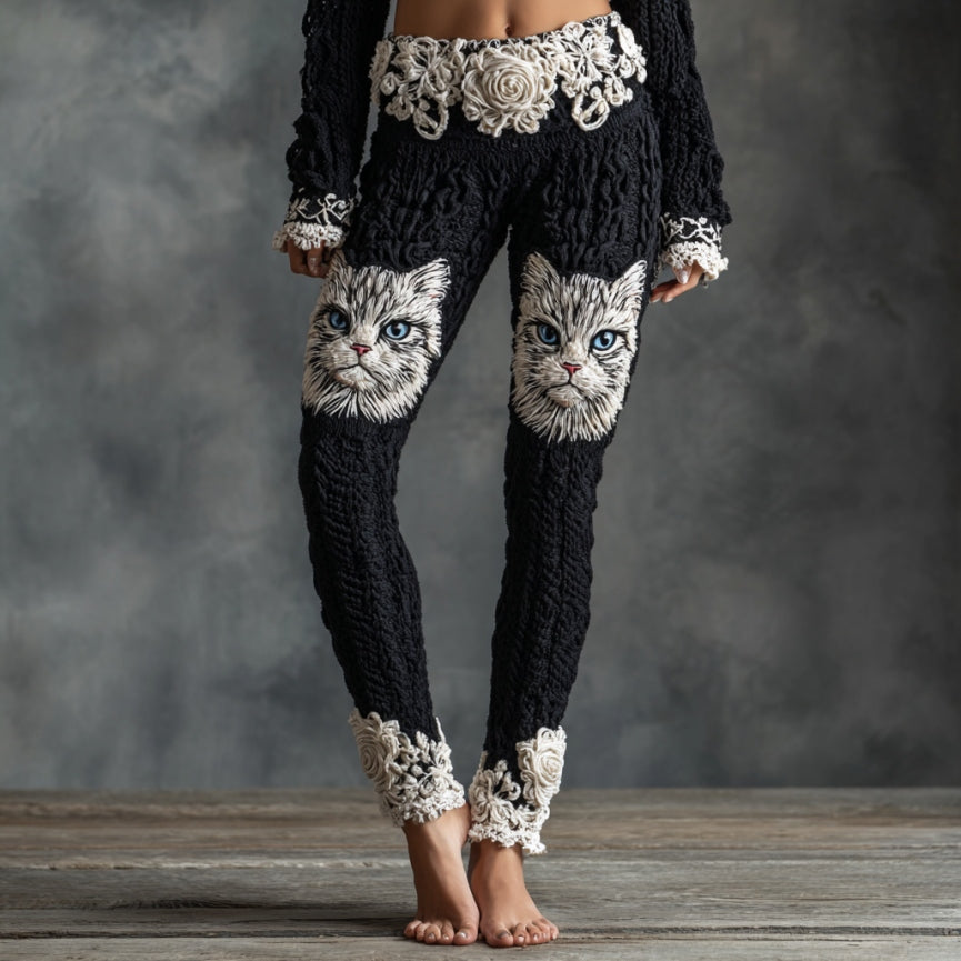 Women's Cute Cat Face Lace Embroidered Gradient Cozy Leggings
