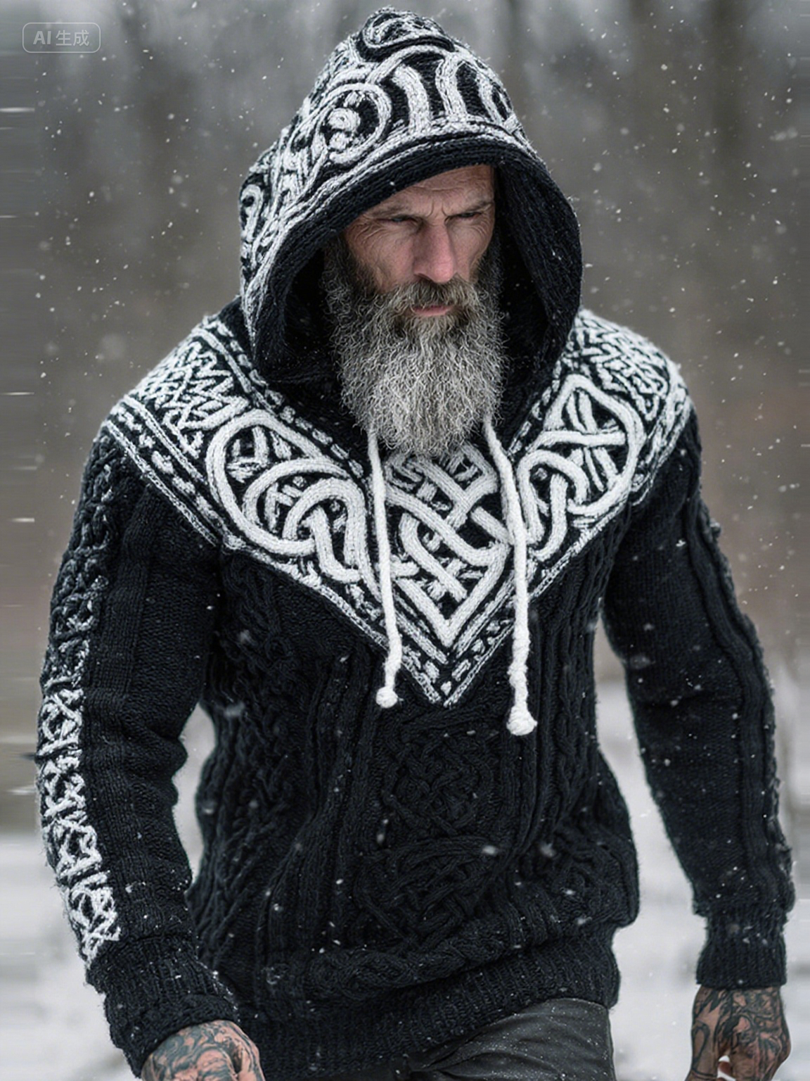 Men's Viking Tribal Jacquard Celtic Knotwork  Inspired Chunky Knit Hooded Sweater artswardrobe