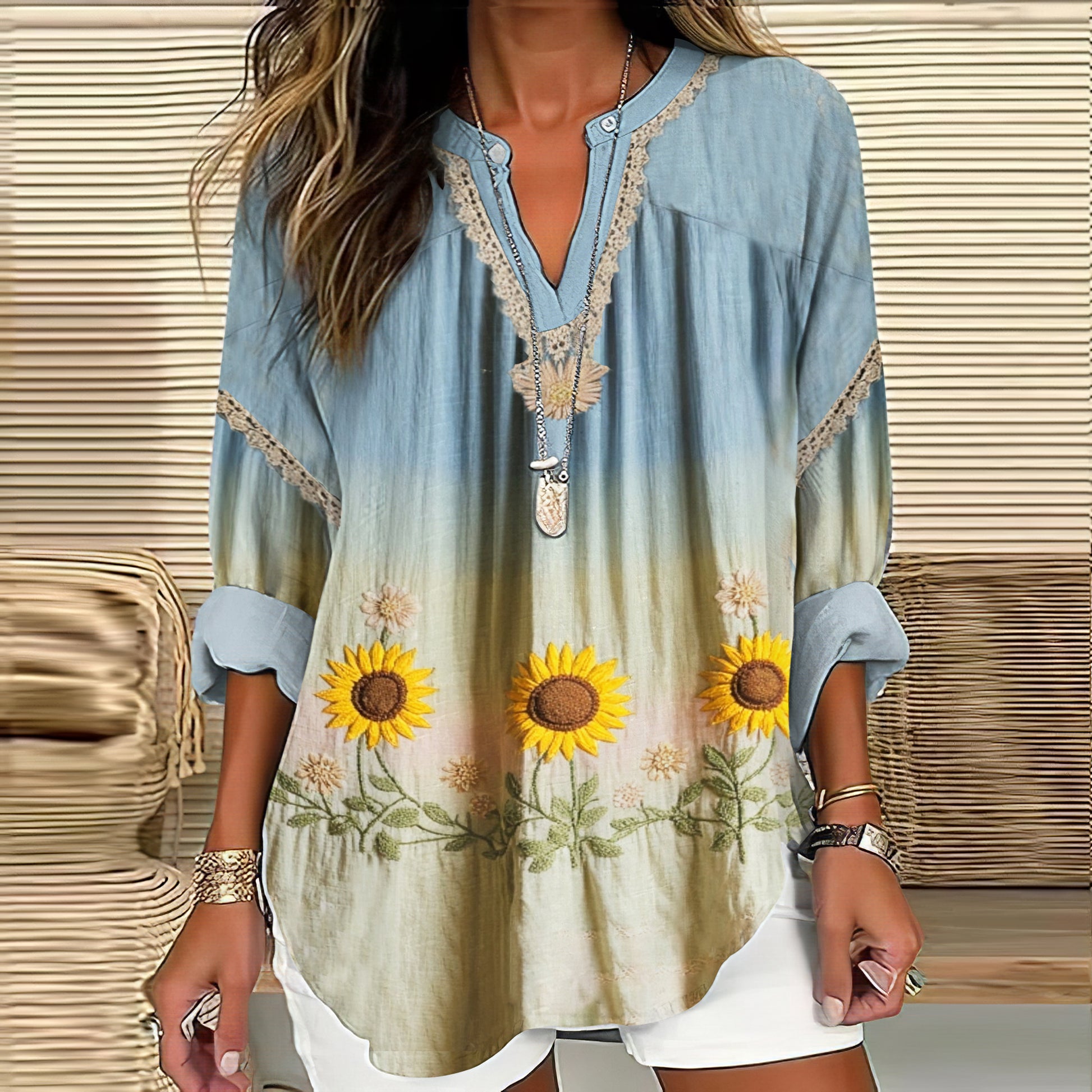 Comstylish Vintage Sunflower Embroidery Gradient Patchwork Art Casual V-neck Blouse