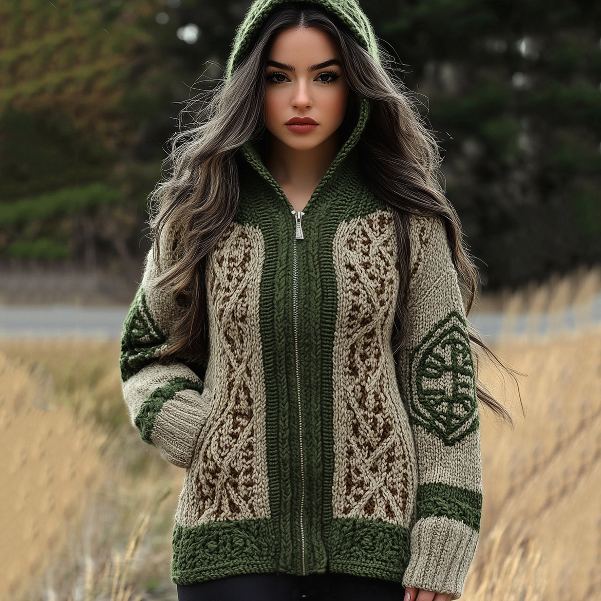 Women's Irish Celtic Knot Contrast Zip Hooded Sweater elevenforest
