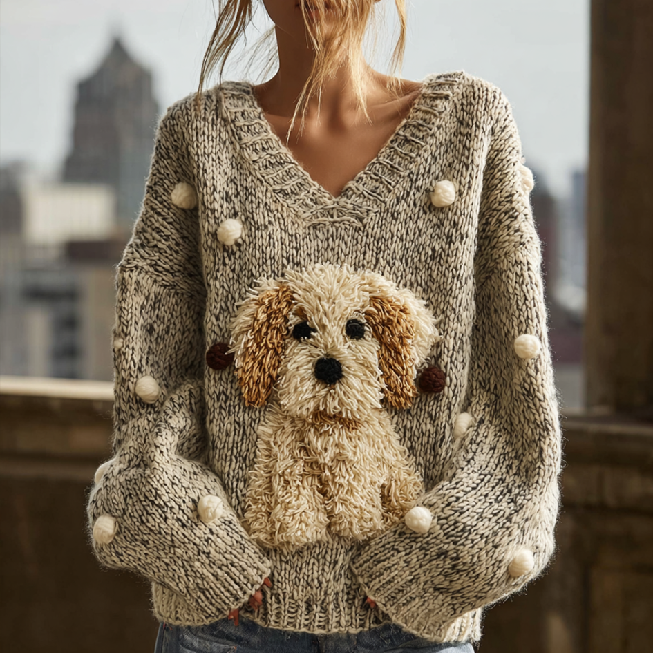 Lady Retro Cute Dog Plush Comfortable Knitted Sweater. elevenforest