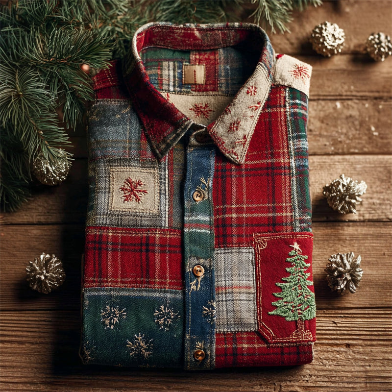 Christmas Tree & Snowflakes Embroidered Colorblock Plaid Linen Shirt artswardrobe