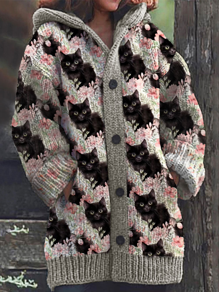 Colorful Cat Pattern Cozy Hooded Cardigan artswardrobe