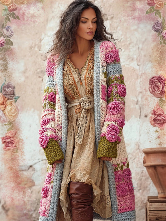 Vintage Pink Roses Colorblock Crochet Chunky Cozy Cardigan artswardrobe