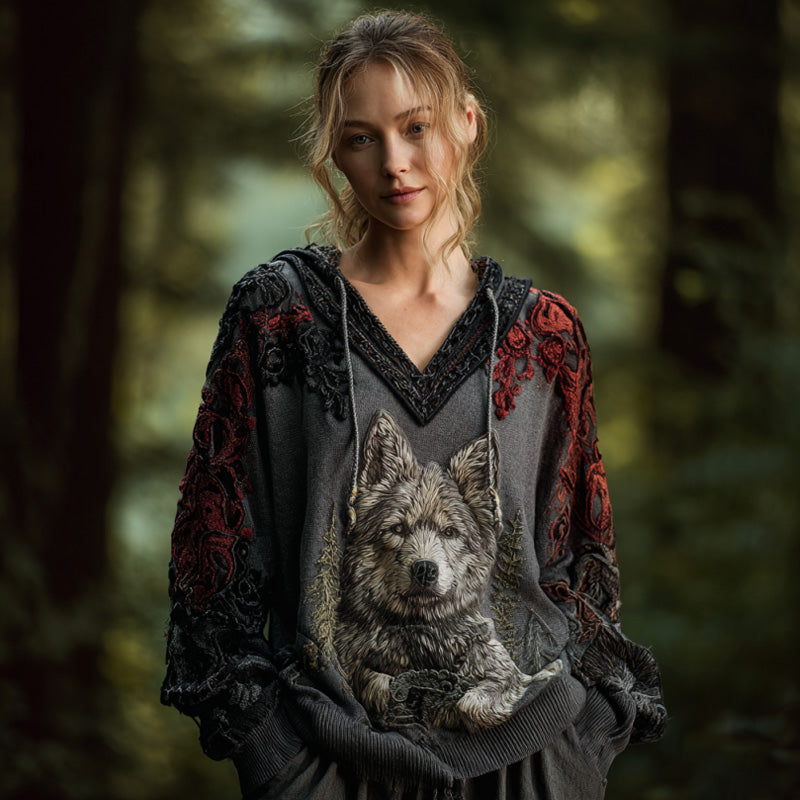 Comstylish Women's Vintage Dog Embroidered Hooded Sweater