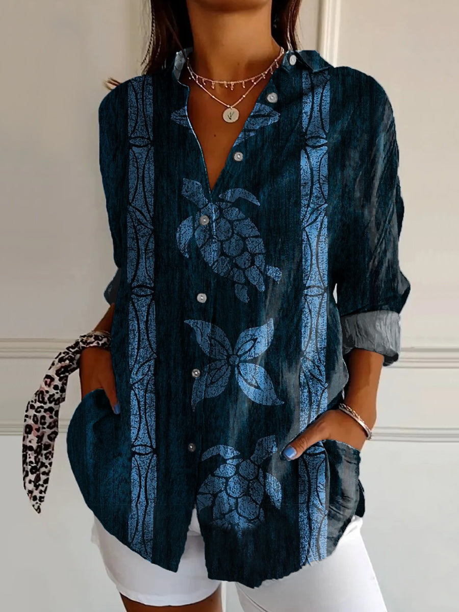 Women's Turtle Pattern Art Print Casual Cotton Shirt