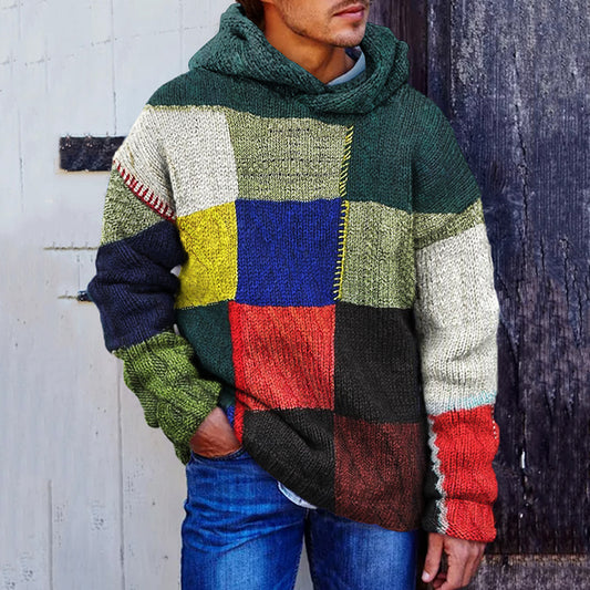 Men's Vintage Plaid Colorful Patchwork Cozy Hooded Sweater elevenforest