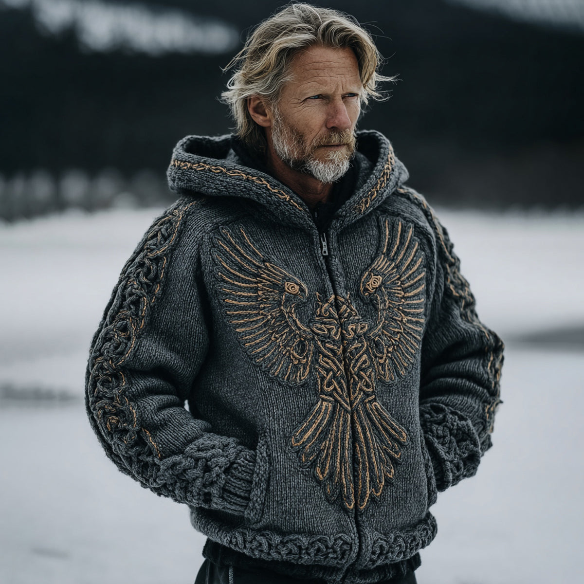 Men's Viking Celtic Eagle Knit Zip Up Hooded Sweater artswardrobe