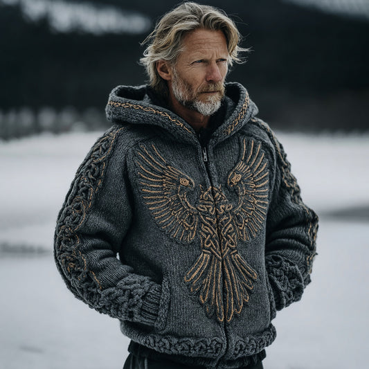 Men's Viking Celtic Eagle Knit Zip Up Hooded Sweater artswardrobe