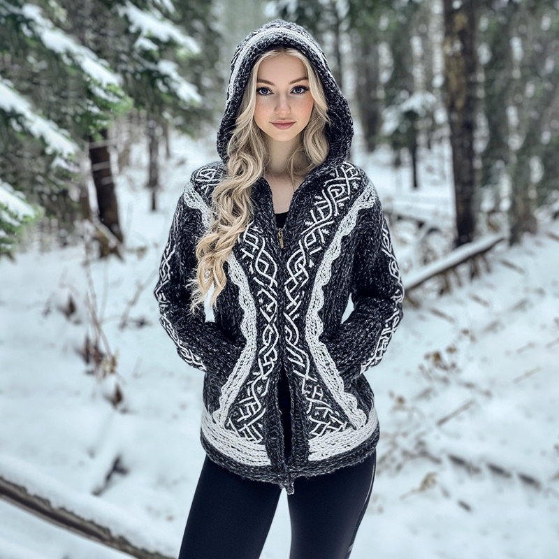 Women's Vintage Celtic Knot Jacquard Cozy Knit Hooded Cardigan artswardrobe