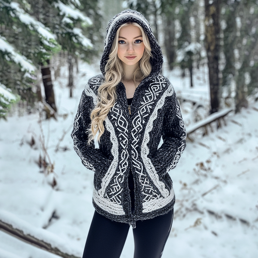 Women's Vintage Celtic Knot Jacquard Cozy Knit Hooded Cardigan artswardrobe