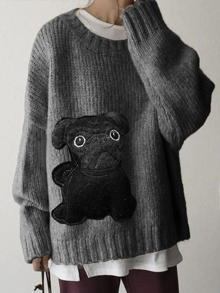 Comstylish Lovely Black Pug Dog Felt Cozy Knit Sweater