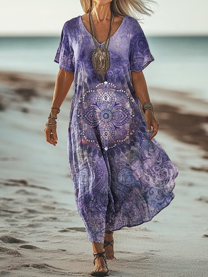 Women's Mandala Ethnic Art Print Short Sleeve Pocket Cotton Dress