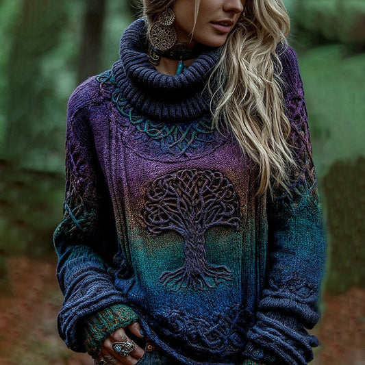 Women's Viking Tree Of Life With Celtic Knot Art Gradient Turtleneck Cozy Knit Sweater artswardrobe