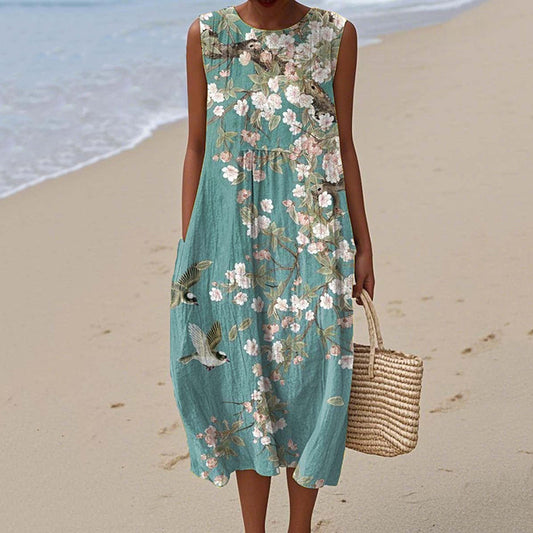Women's Vintage Floral Birds Art Print Sleeveless Dress artswardrobe