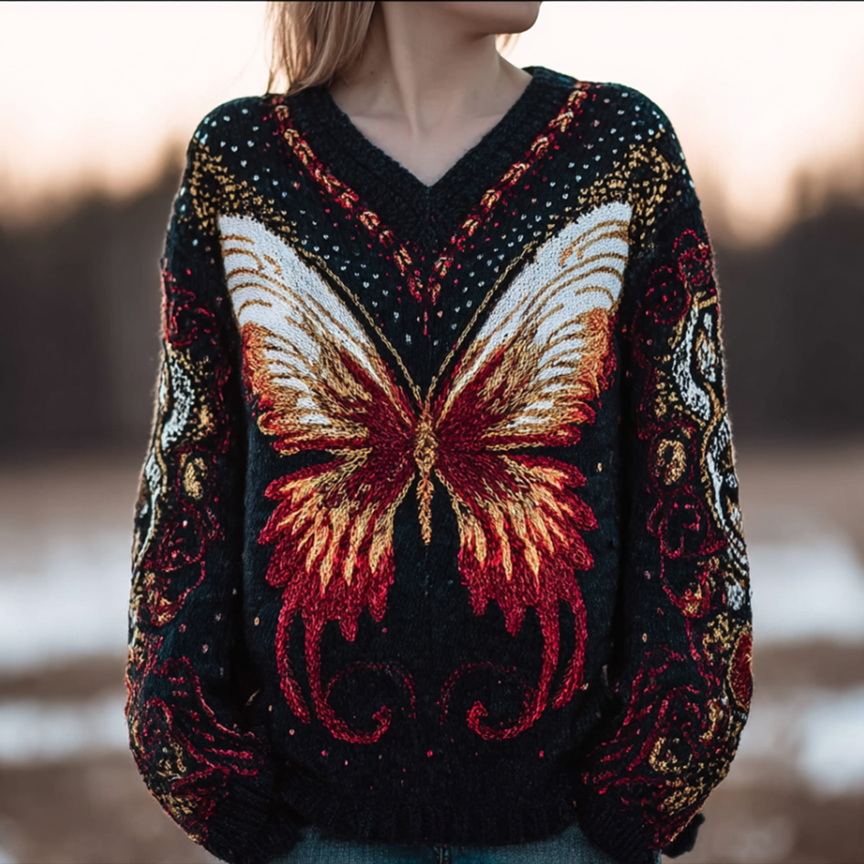 Women's Butterfly Embroidery Pattern Knitted Sweater artswardrobe