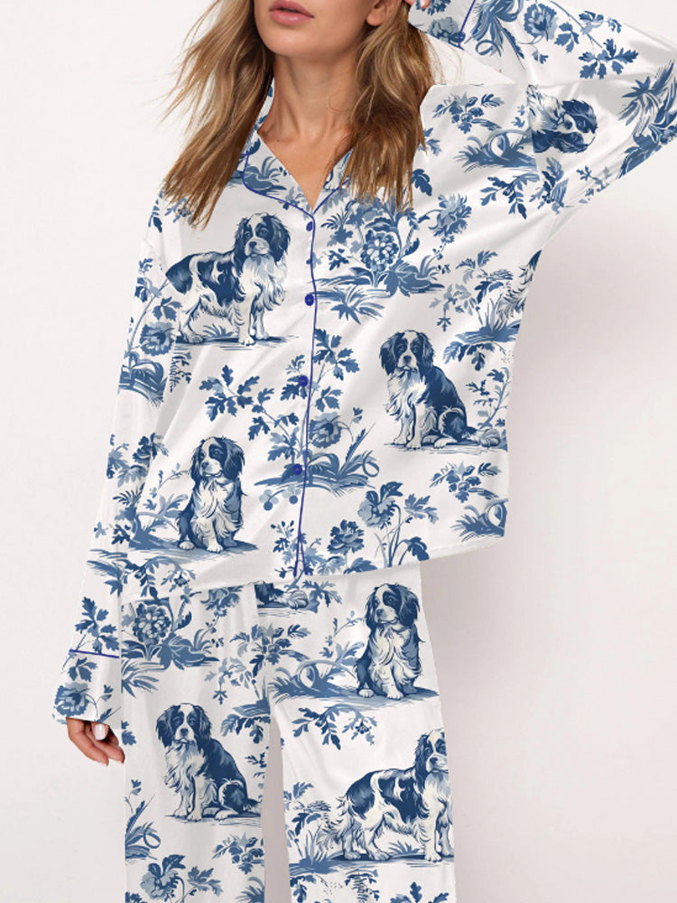 Women's Casual Cavalier King Charles Spaniel Silky Satin Pajama Set artswardrobe