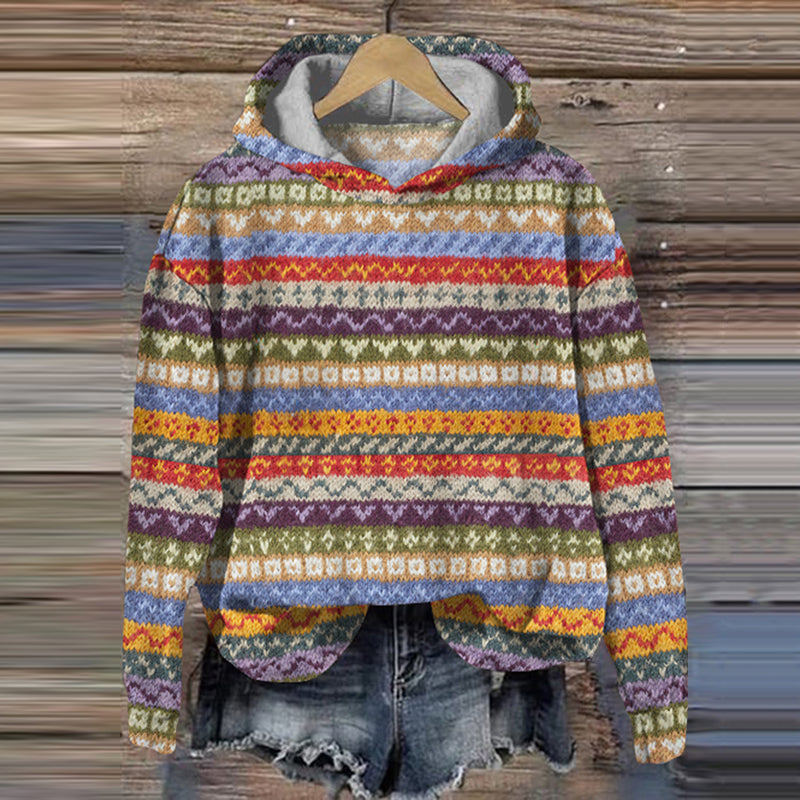 Vintage Color Block Icelandic Pattern Cozy Hoodie Sweater elevenforest