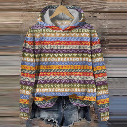 Vintage Color Block Icelandic Pattern Cozy Hoodie Sweater elevenforest