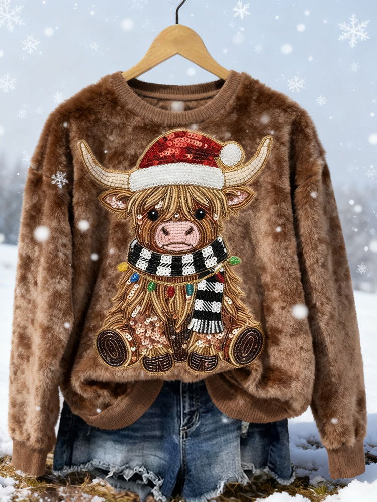 Comstylish Sequin Highland Cow Christmas Cozy Plush Sweatshirt