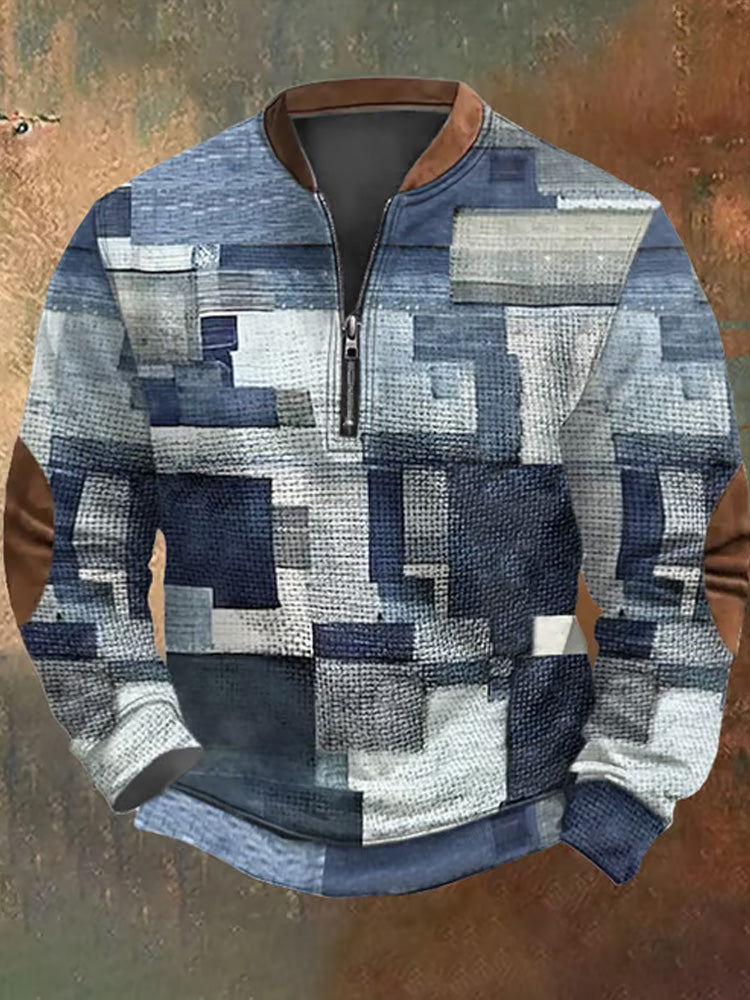 Men's Retro Western Textured Print Zip Collar Sweatshirt elevenforest