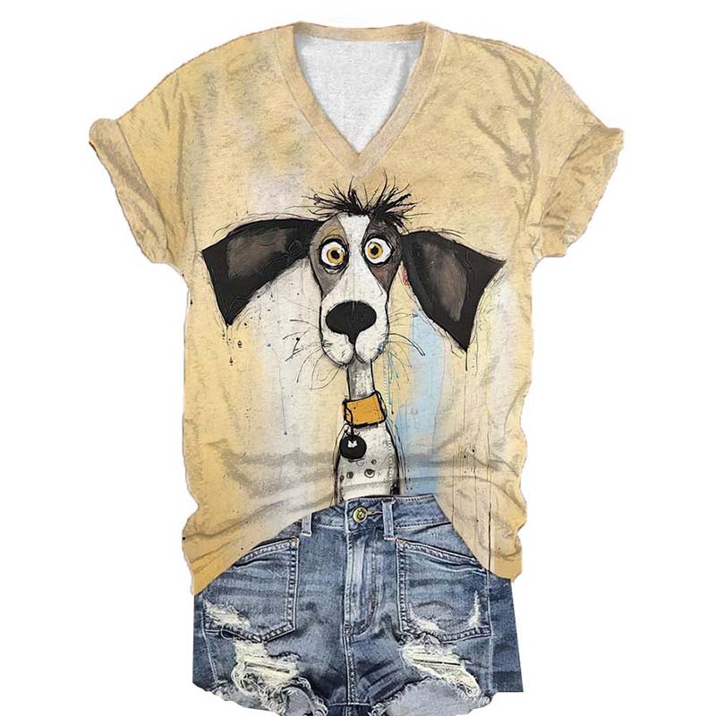 Comstylish Women'S Fun Cartoon Dog Print V-Neck T-Shirt