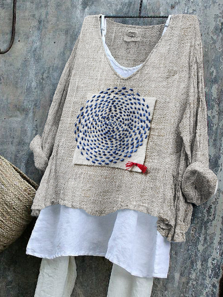 Geometric Japanese Sashiko Fiber Art Linen Blend Tunic artswardrobe