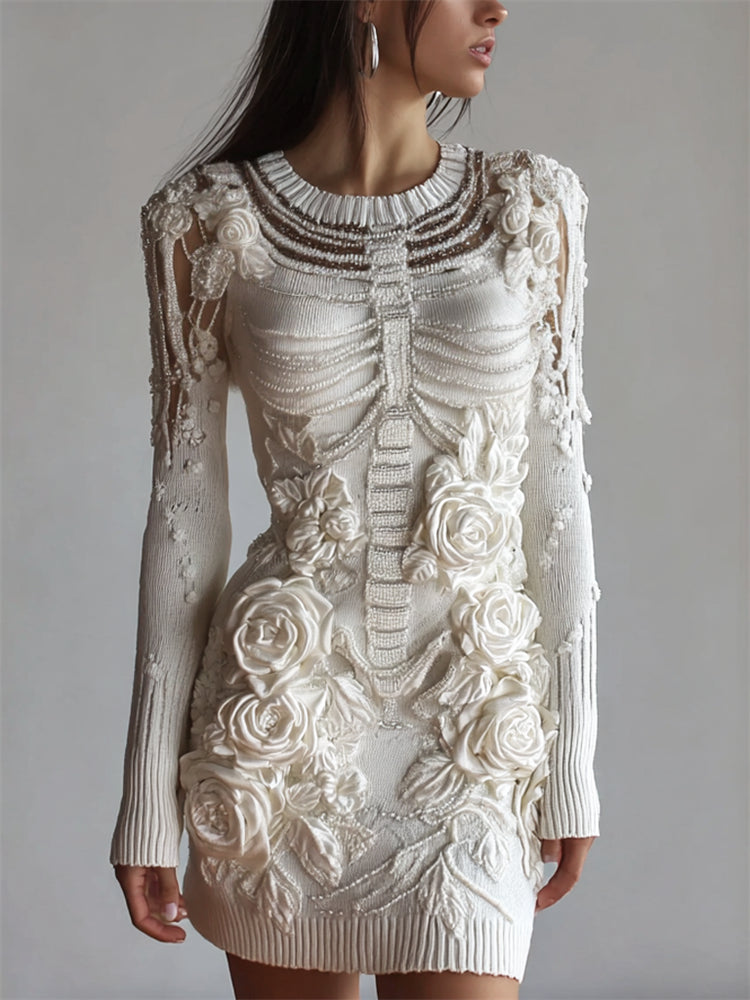 Classy Glitter Beaded Skeleton White Roses Knit Sweater Dress artswardrobe