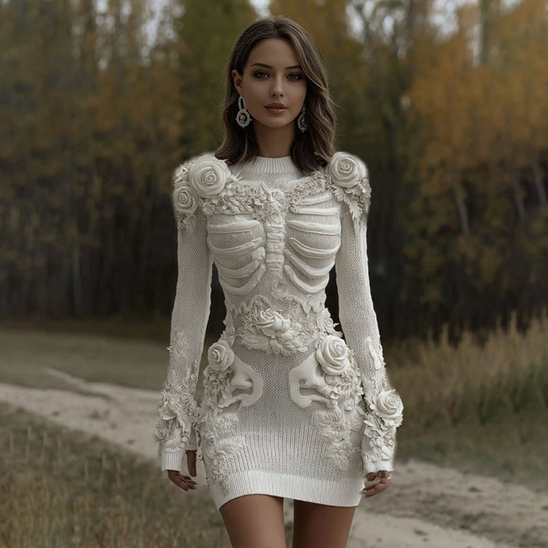 Women's Vintage Halloween Skeleton Bones With Rose Art Cozy Sweater Dress artswardrobe