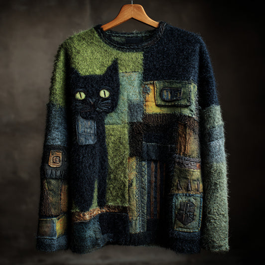 Women's Casual Vintage Halloween Black Cat Embroidered Sweater elevenforest