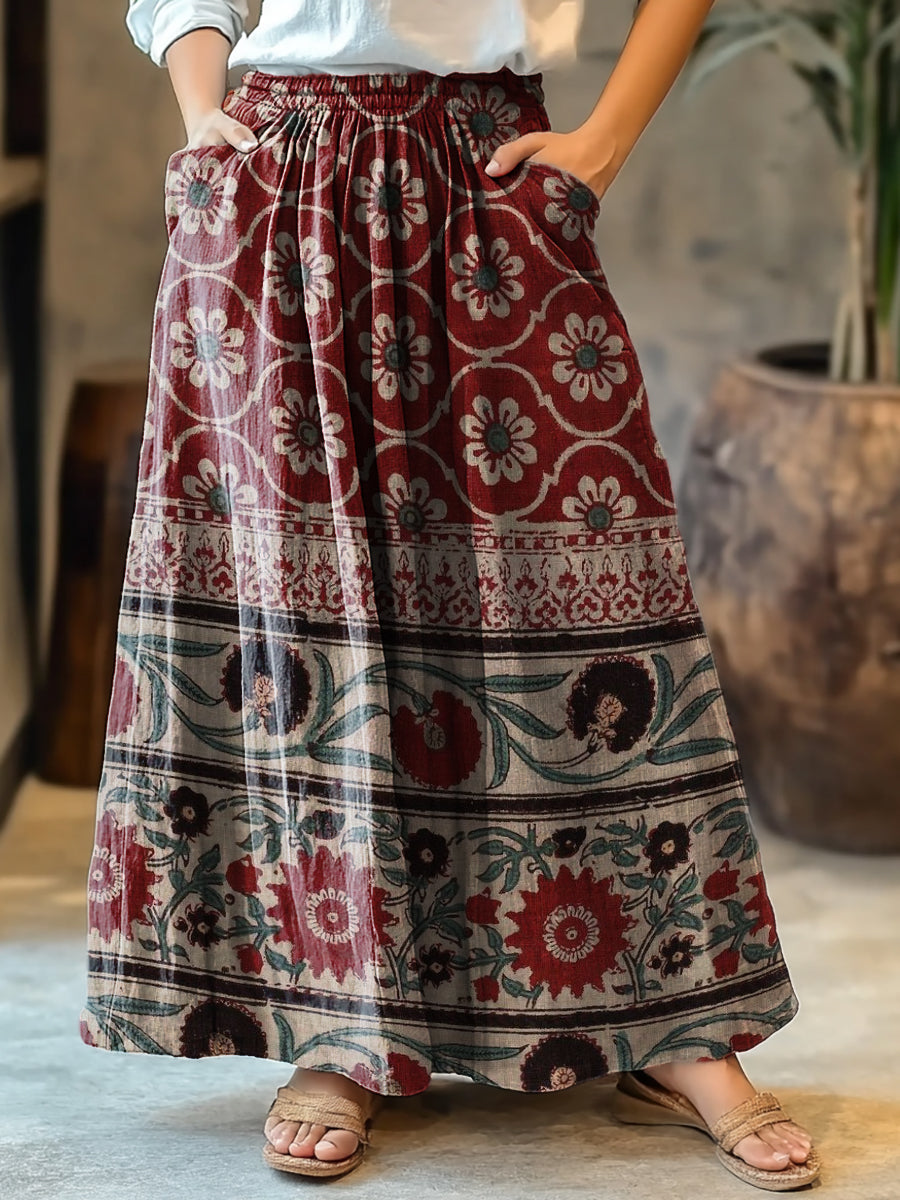 Women's Ethnic Floral Collage Art Pattern Print Cotton Pocket Skirt