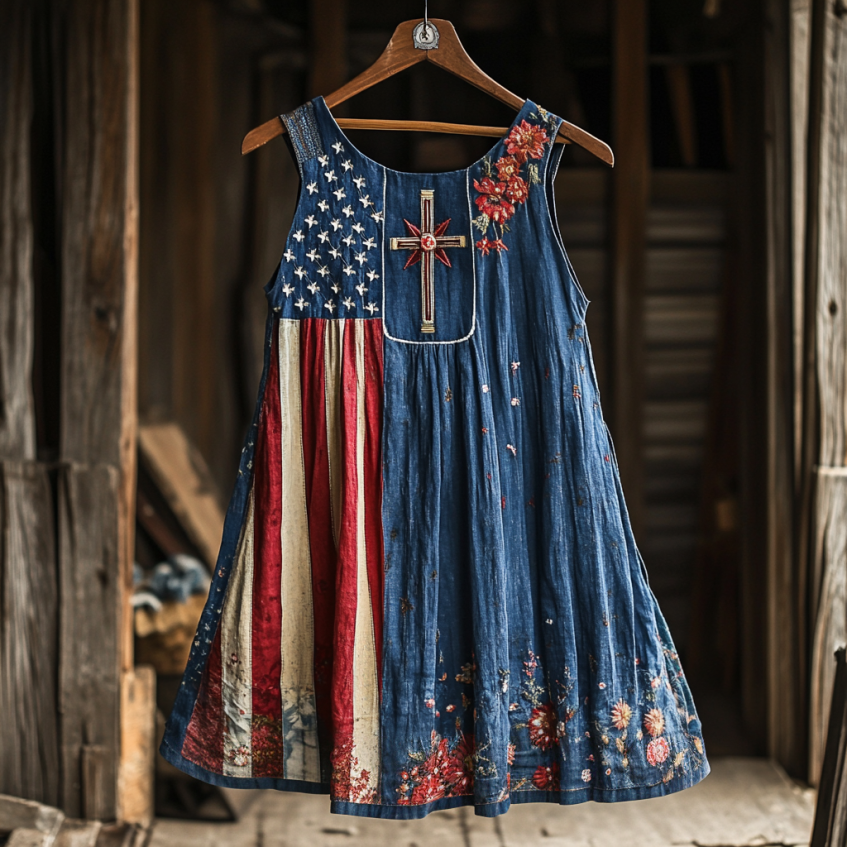 Women's Vintage Boho Independent Day America Flag With Floral In Faith Cross Embroidered Linen Sleeveless Tank Top artswardrobe