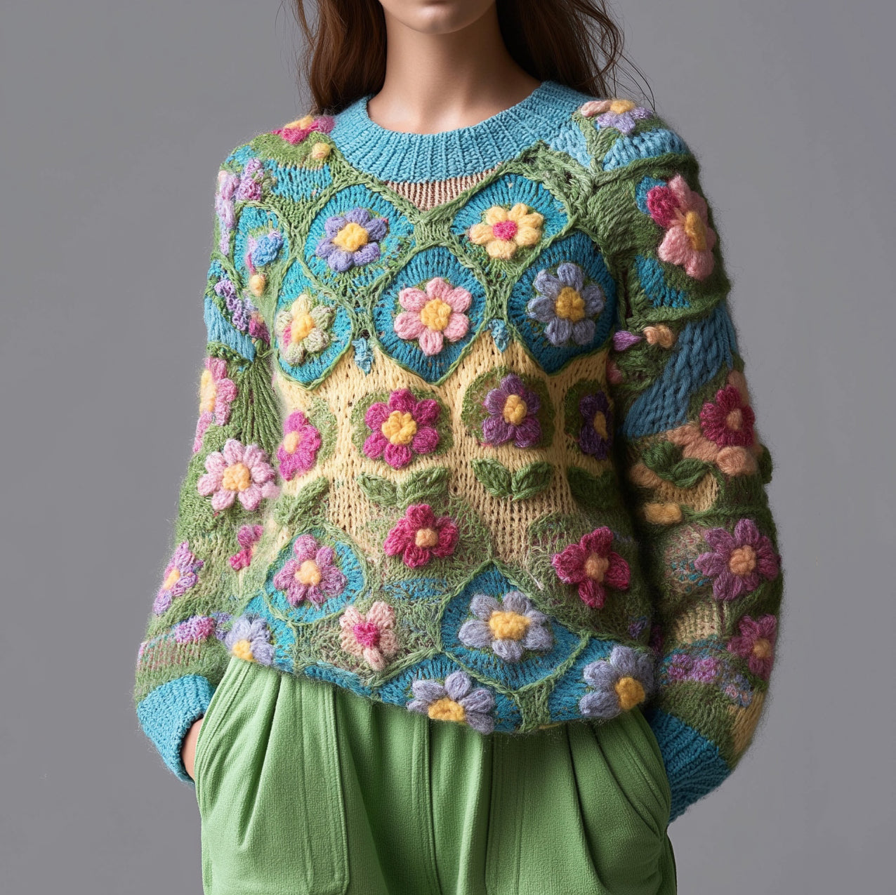 Classic Chunky Knit Crochet Panel Floral Sweater elevenforest