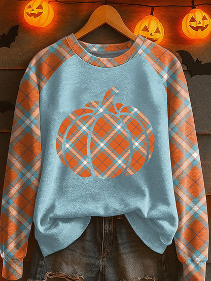 Women's Pumpkin Season Check Print Raglan Sleeve Sweatshirt artswardrobe