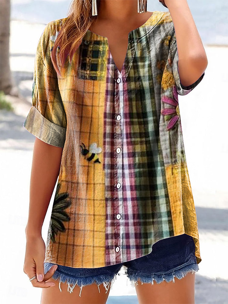 Women's Bohemian Floral Patchwork Art Print Casual Cotton And Linen Sh