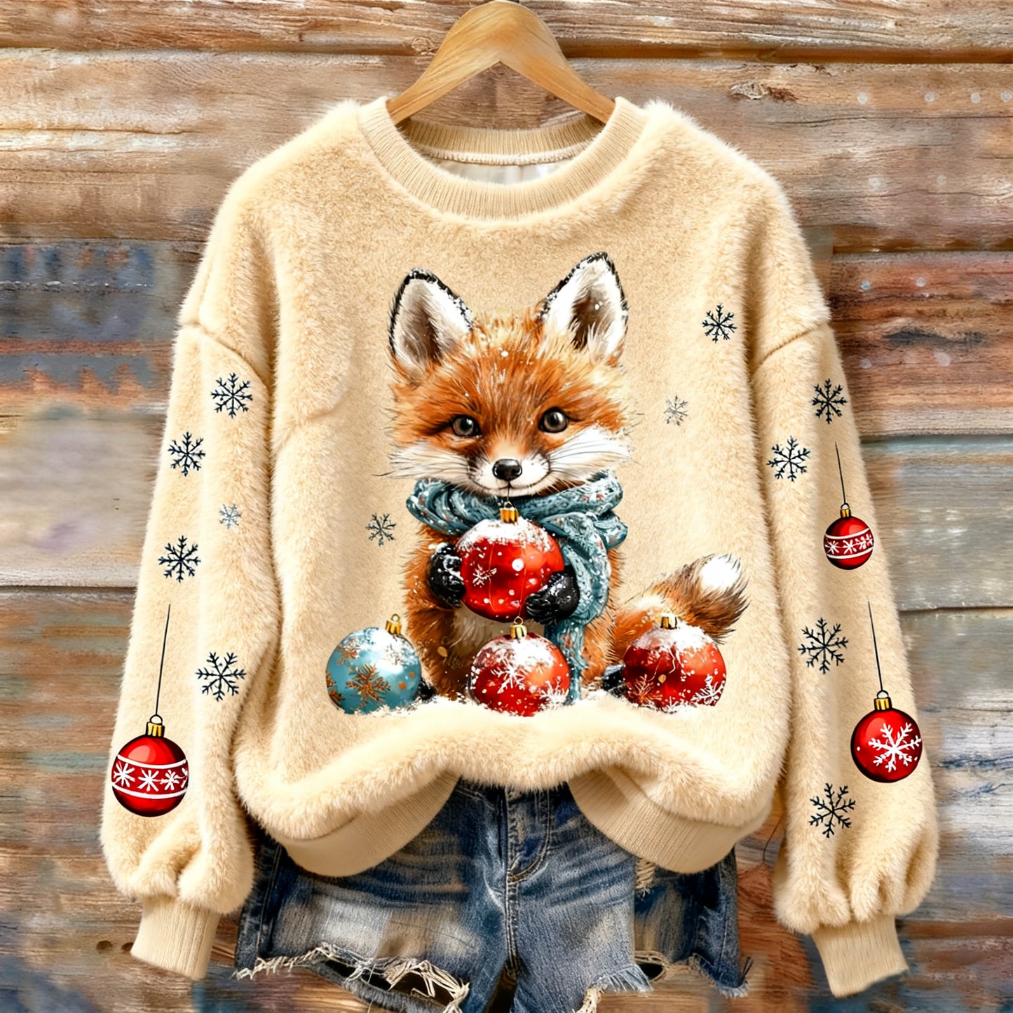 Vintage Christmas Cute Fox Art Women's Cozy Plush Sweater