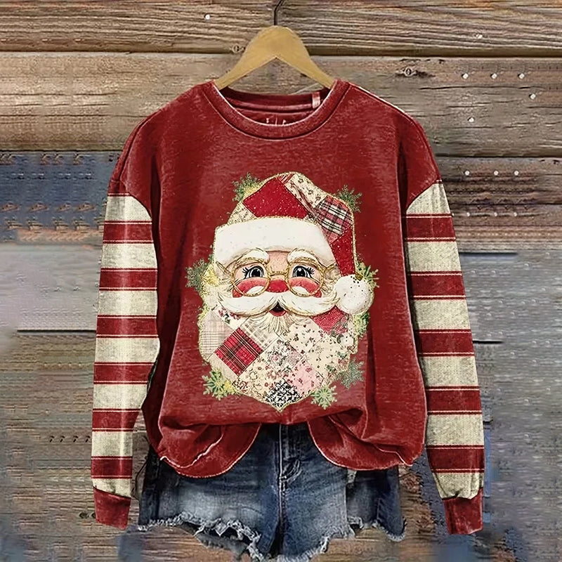 Comstylish Women's Retro Christmas Santa Claus Print Crew Neck Casual Sweatshirt