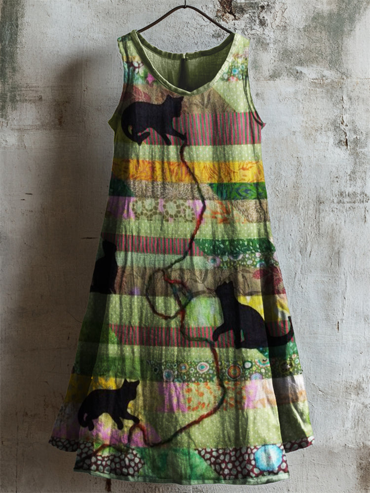 Cats Floral Patchwork Fiber Art Linen Dress