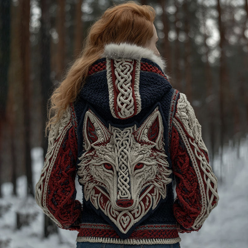 Women's Viking Retro Style Wolf Pattern Knit Hooded Sweater Jacket artswardrobe