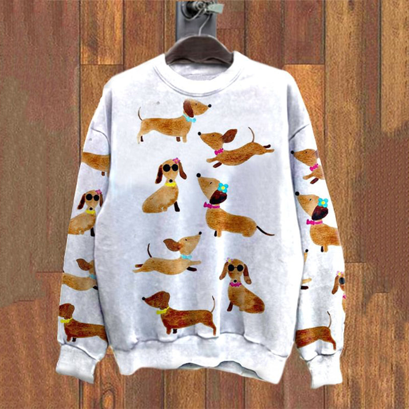 Comstylish Cute Dachshund Print Crew Neck Sweatshirt