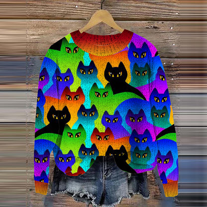 Rainbow Cats World Embroidery Pattern Cozy Knit Sweater elevenforest