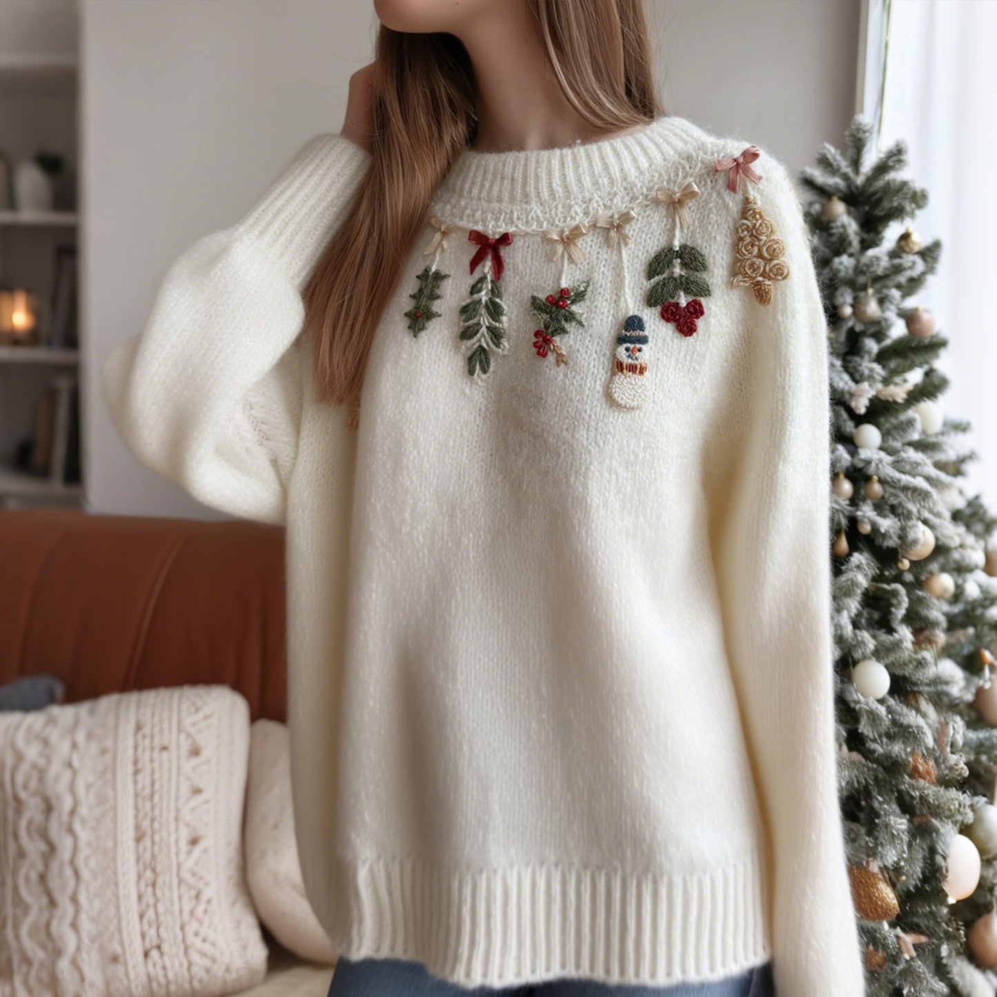 Women's Vintage Christmas Tree Jacquard Crew Neck Sweater artswardrobe