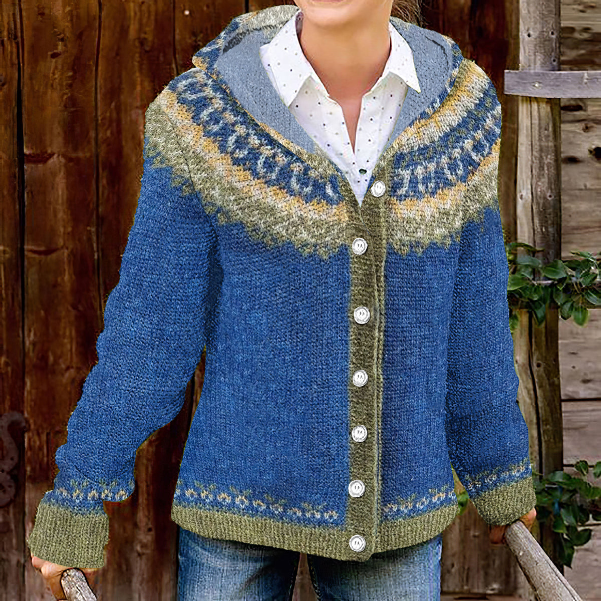 Iceland Wave Print Hooded Button Knit Cardigan elevenforest