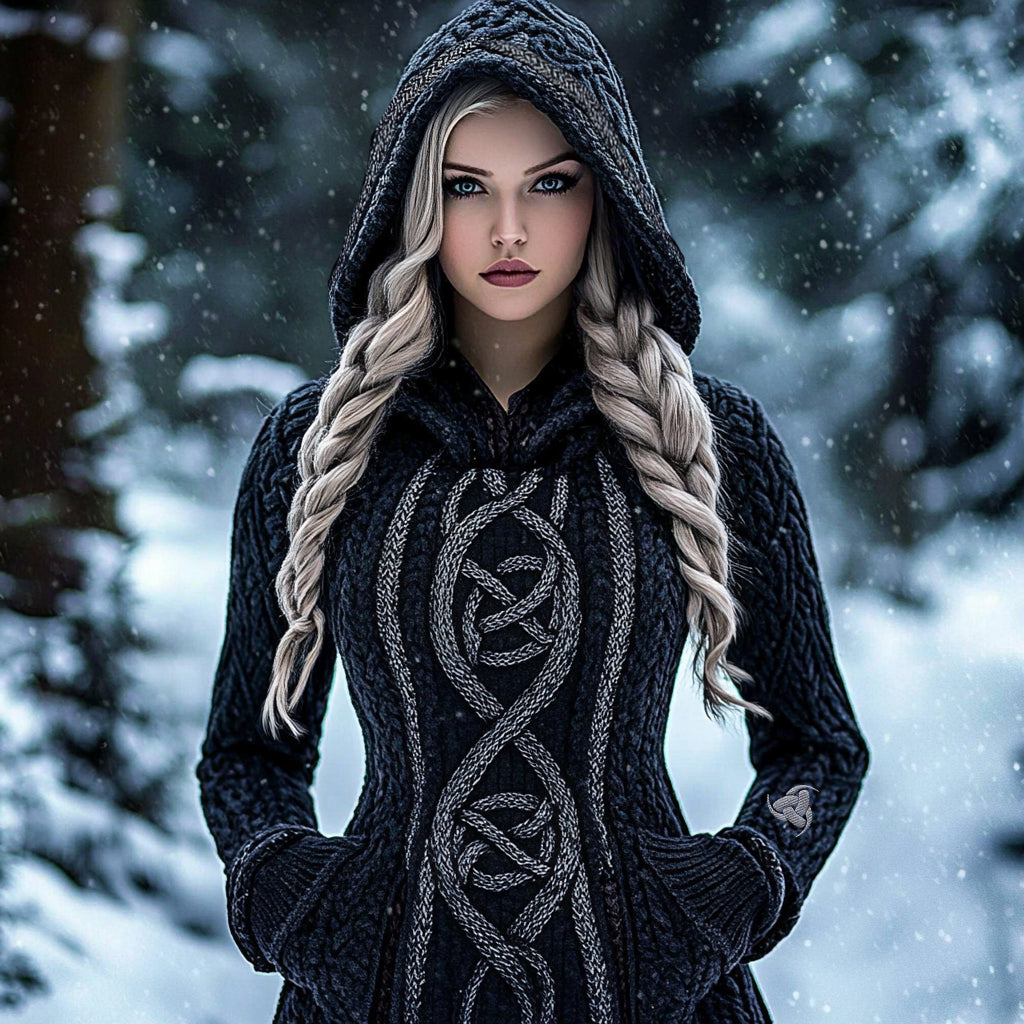 Vintage Viking Celtic Knot Jacquard Contrast Hooded Chunky Sweater artswardrobe