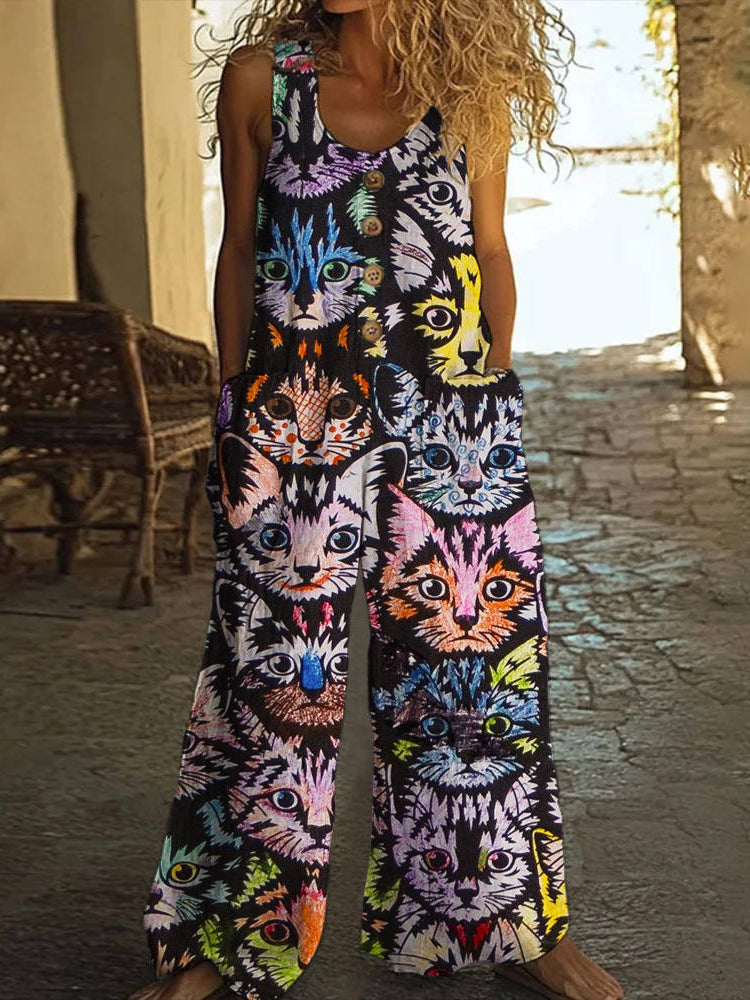 Vintage Cat Graffiti Print Women's Linen Vest Jumpsuit artswardrobe