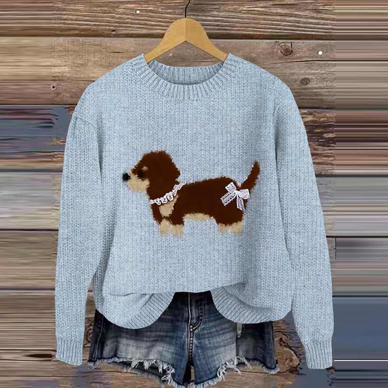 Comstylish Cute Dog Print Knitted Pullover Sweater