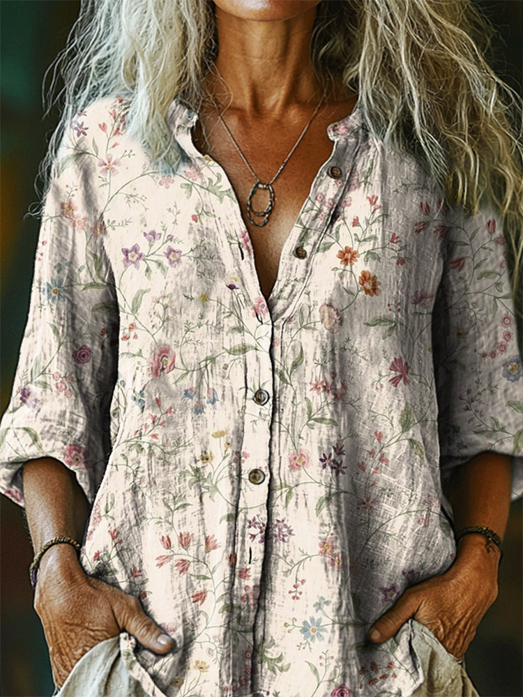 Women's Vintage Floral Tattoo Pattern Art Print Linen Cotton Casual Sh